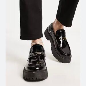 ASOS Black Patent Chunky Loafers with Gold Accent Platform Unisex Men Sz 9.